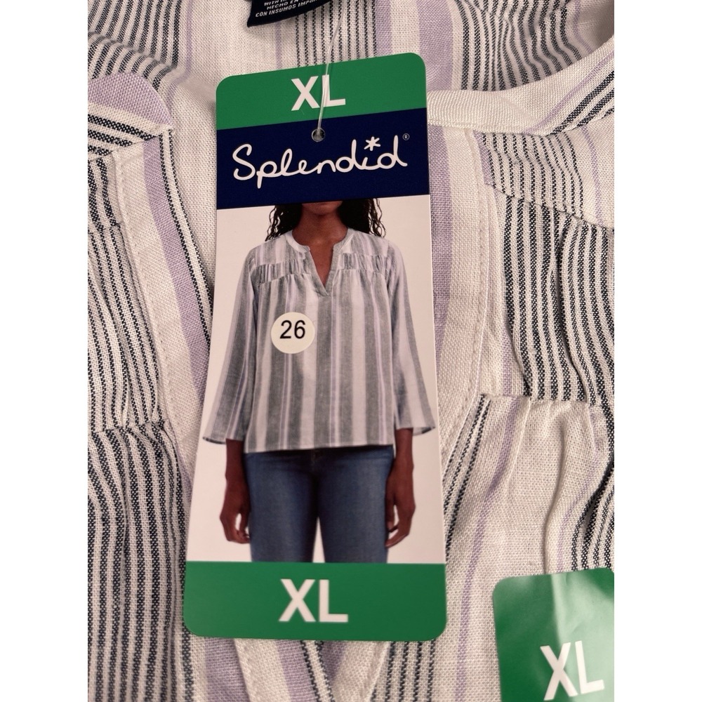 Splendid Ladies' V-Neck Blouse. Loose Fit, Size XL, White Stripe, 85% Rayon.